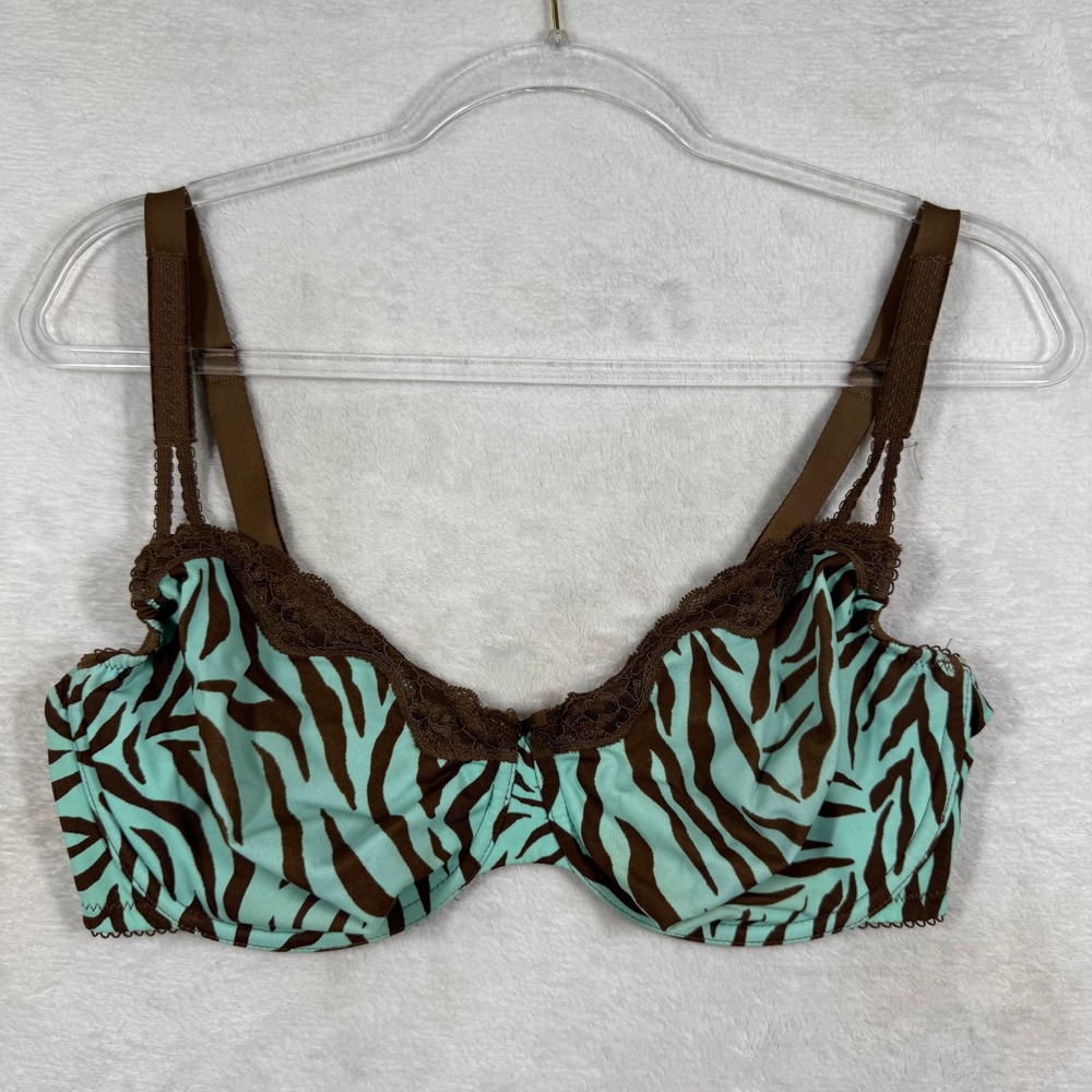 Whimsy Zebra Print Lace Trim Underwire Bra Aqua Brown 38DD 161-11